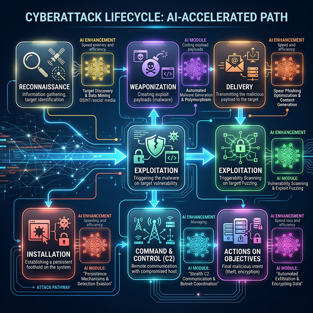 Diagram pokazujący cykl ataku (Rekonesans, Uzbrojenie, Dostarczenie, Wykorzystanie, Instalacja, Dowodzenie, Działanie), wspierany przez moduły sztucznej inteligencji