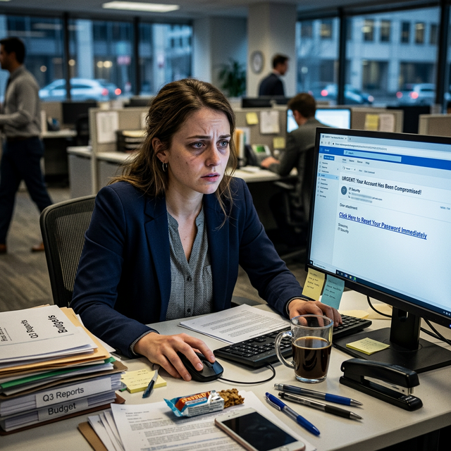 Zmęczona pracowniczka wpatrzona w ekran, wahająca się czy kliknąć link z wrogiem w cieniu pośpiechu i stresu