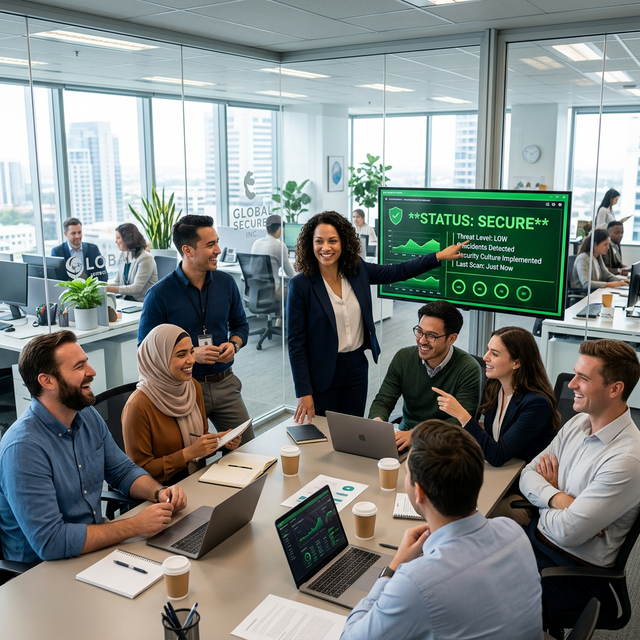 Zadowolony zespół po skutecznym odparciu ataku na czele z uśmiechniętym menedżerem IT podniesionym na duchu przez udany status bezpieczeństwa