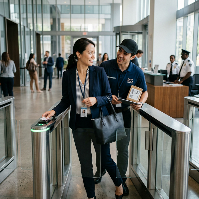 Zbliżenie na osobę przechodzącą przez biurową bramkę podążaną blisko przez intruza udającego kuriera, tzw. tailgating